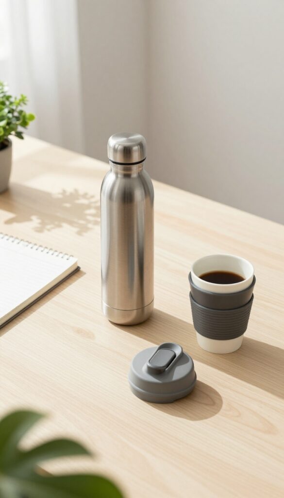 Reusable water bottle and coffee cup on a wooden table with notebook and plant