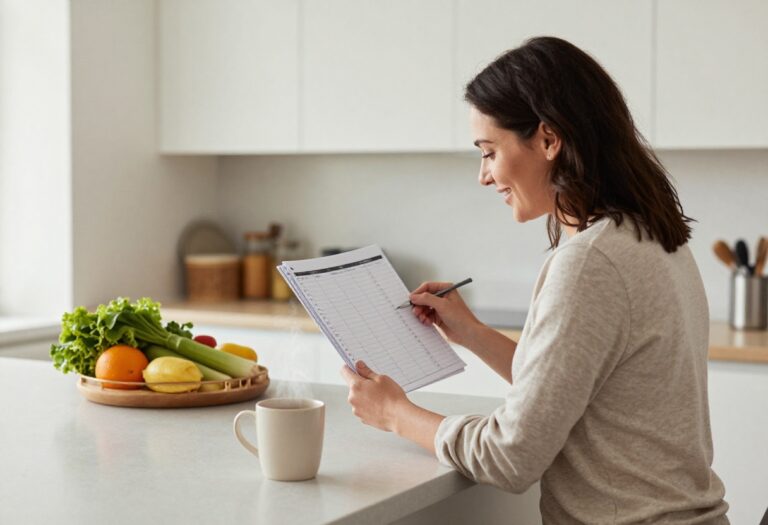 Mom reviewing a budget planner in a cozy kitchen with groceries