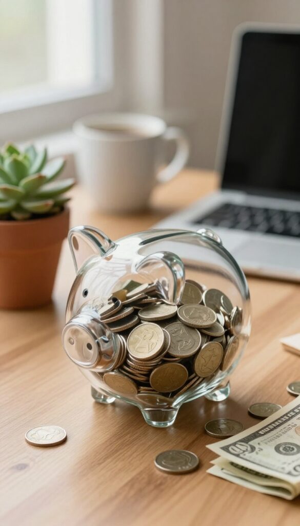 A clear glass piggy bank filled with coins and bills on a wooden desk with a succulent and a laptop in the background.