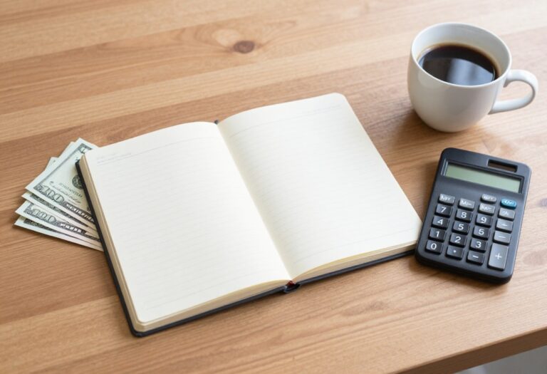 Budgeting supplies on a desk: notebook, calculator, cash, and coffee.