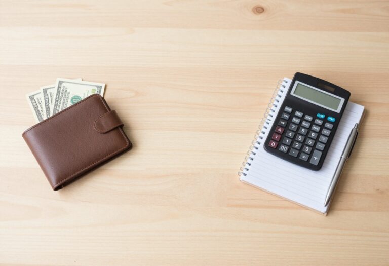 A flat lay of budgeting essentials including a wallet, cash, calculator, notebook, and pen on a wooden table.