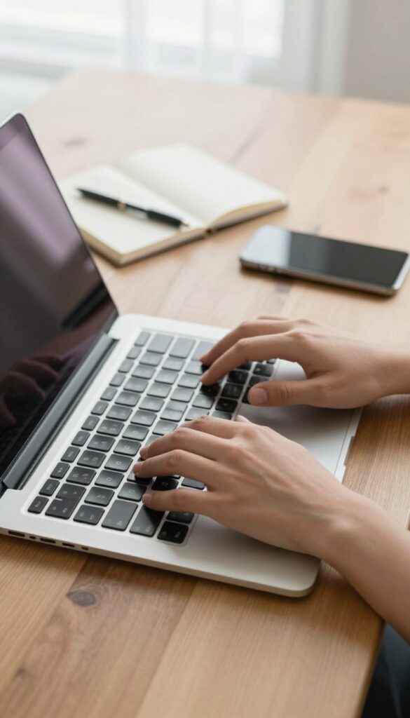 Person typing on laptop with coffee and phone on desk, representing data entry microtasks