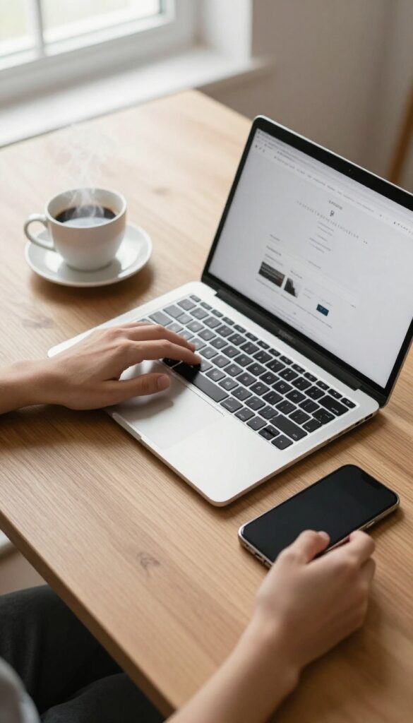 Person testing a website on a laptop with a smartphone nearby, bright natural light, clean desk setup.