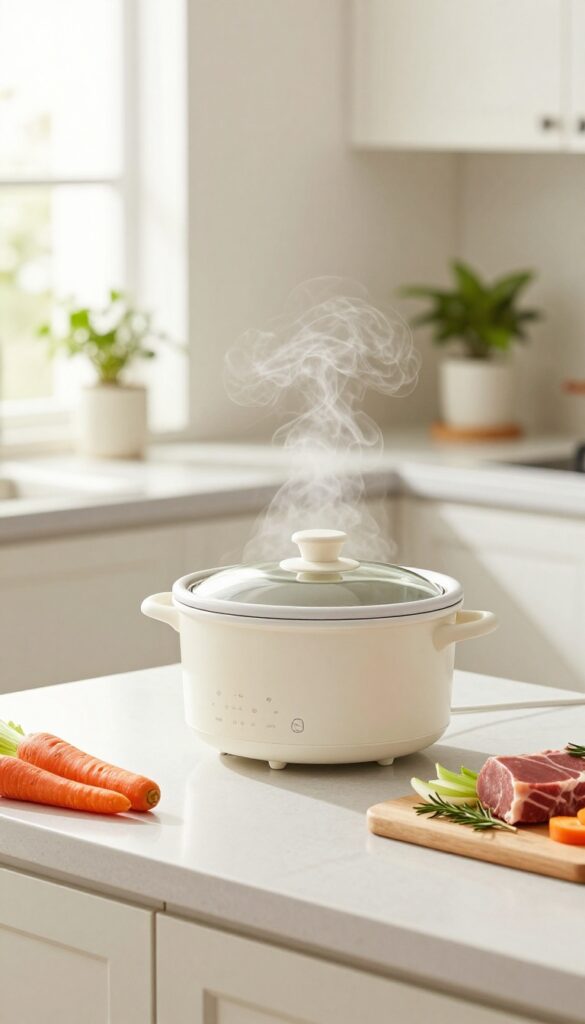 Slow cooker on kitchen counter with raw ingredients and steam