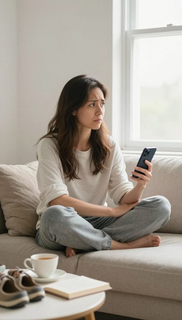 Woman on couch avoiding emotional shopping, alternatives like tea, book, and shoes nearby