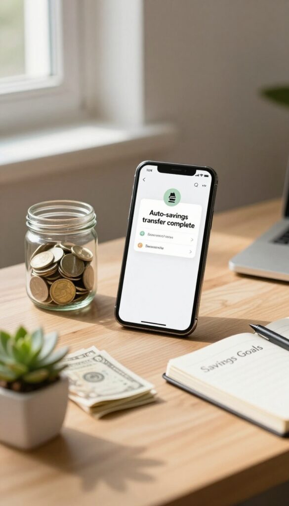 A smartphone displaying an automated savings transfer notification next to a glass jar of coins and a savings goals notebook on a sunlit wooden desk.
