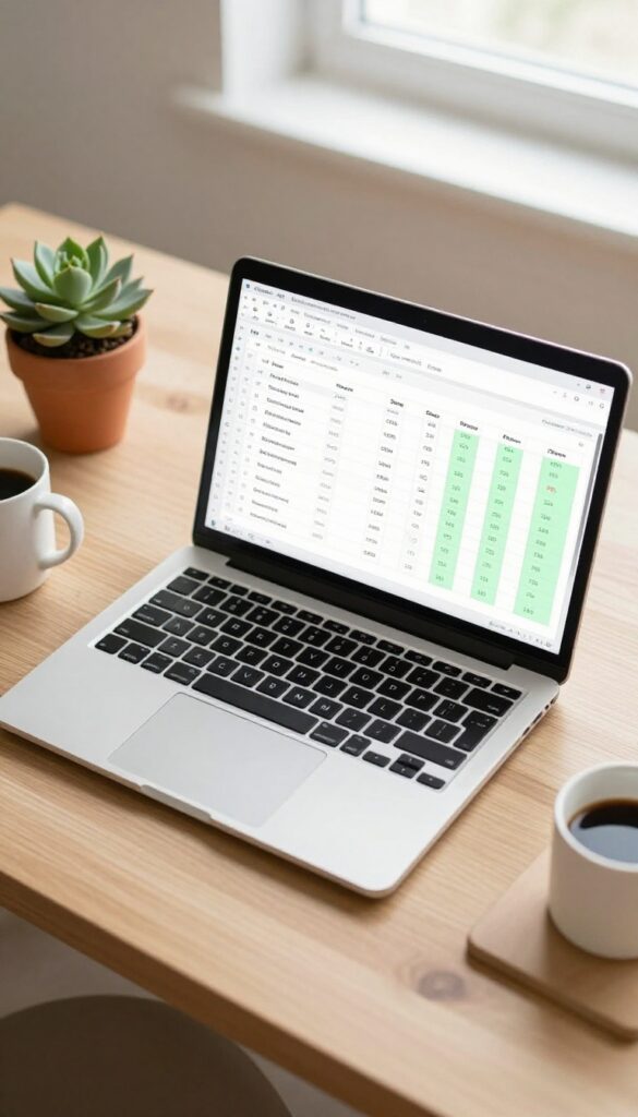A laptop on a wooden desk displaying a savings tracker spreadsheet with green highlighted cells, a coffee mug, and a succulent in natural light.