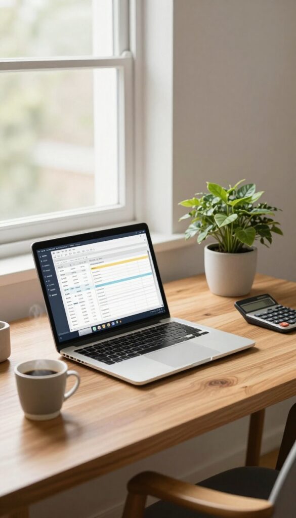 Home office desk with laptop showing bookkeeping software, coffee cup, plant, and calculator in natural light