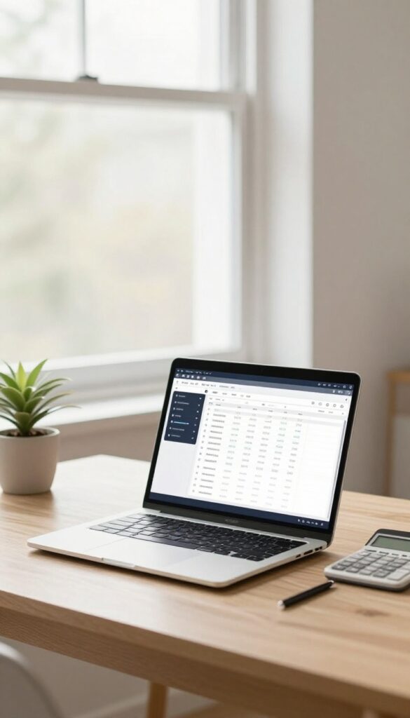 Remote bookkeeping setup with laptop and calculator on a tidy desk