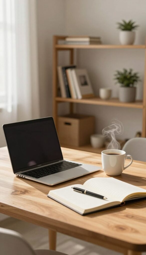 Cozy home office setup with laptop, coffee, and notebook for freelance writing