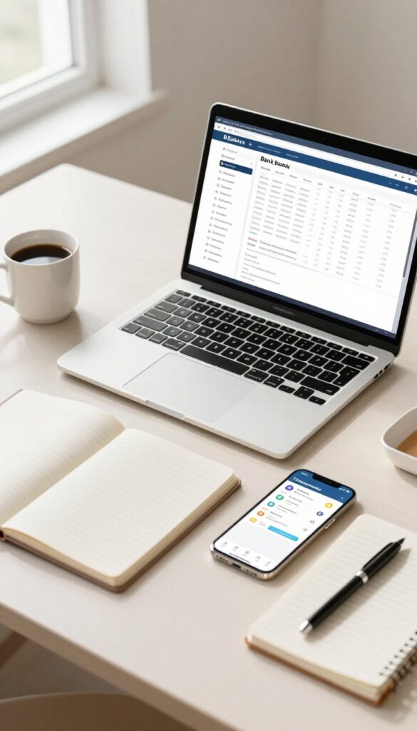 A desk with a laptop, smartphone, coffee, and notebook for auditing subscriptions