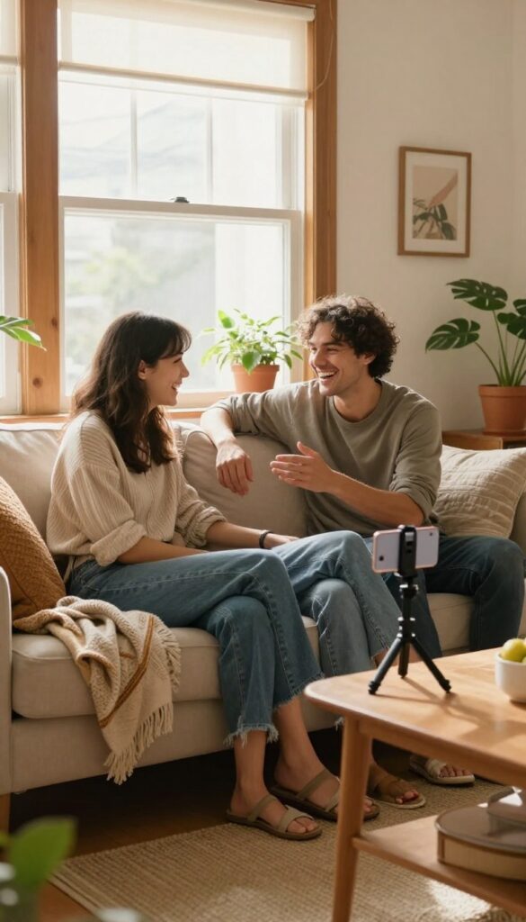 A couple recording a YouTube video together in their cozy living room, laughing and talking naturally.