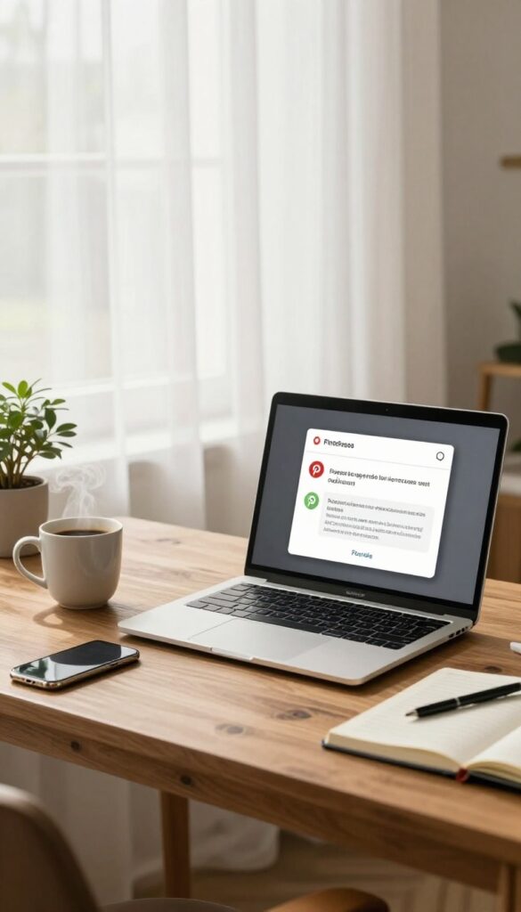 Cozy home office with laptop and smartphone displaying Pinterest comment notification