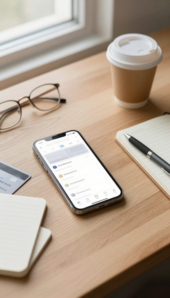 A flat lay of a desk with a smartphone showing subscription services, a credit card, a notebook, and a coffee cup, symbolizing auditing subscriptions.