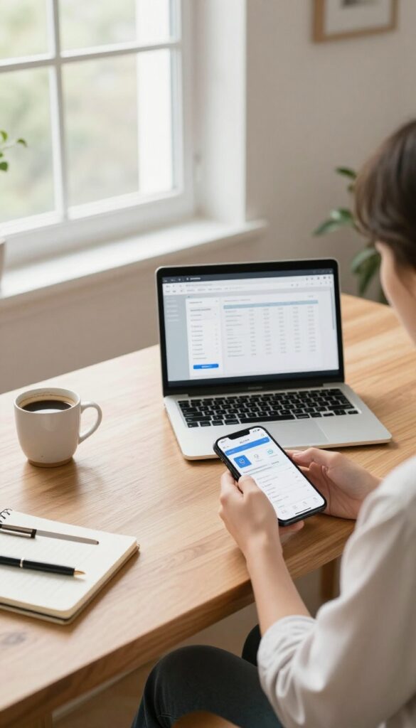 Person reviewing finances on laptop and phone with coffee and notebook on desk