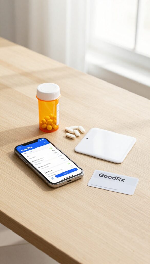 Flat lay of prescription bottle, smartphone with GoodRx app, and discount card on wooden table.