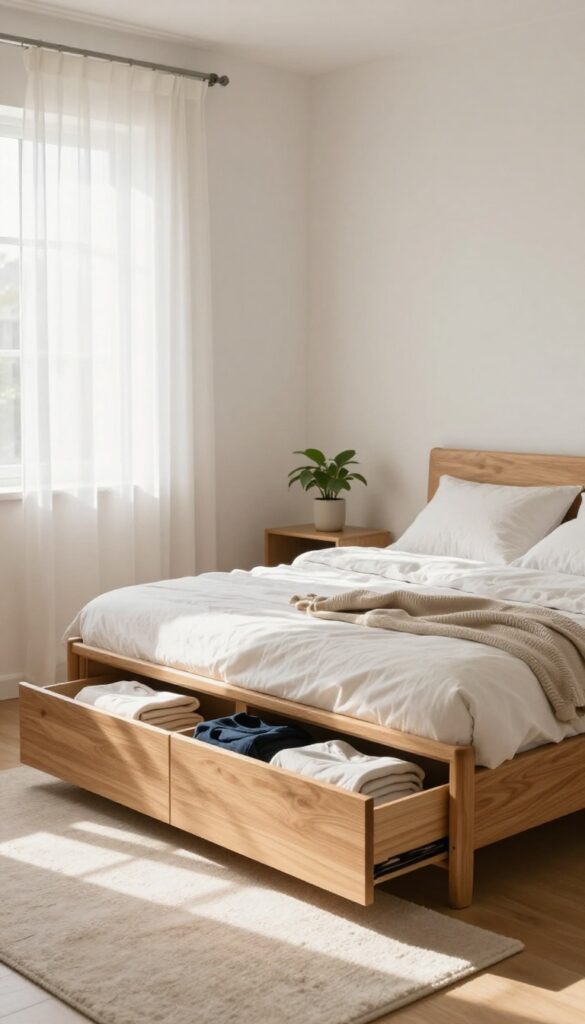 Bed with storage drawers in a bright apartment bedroom