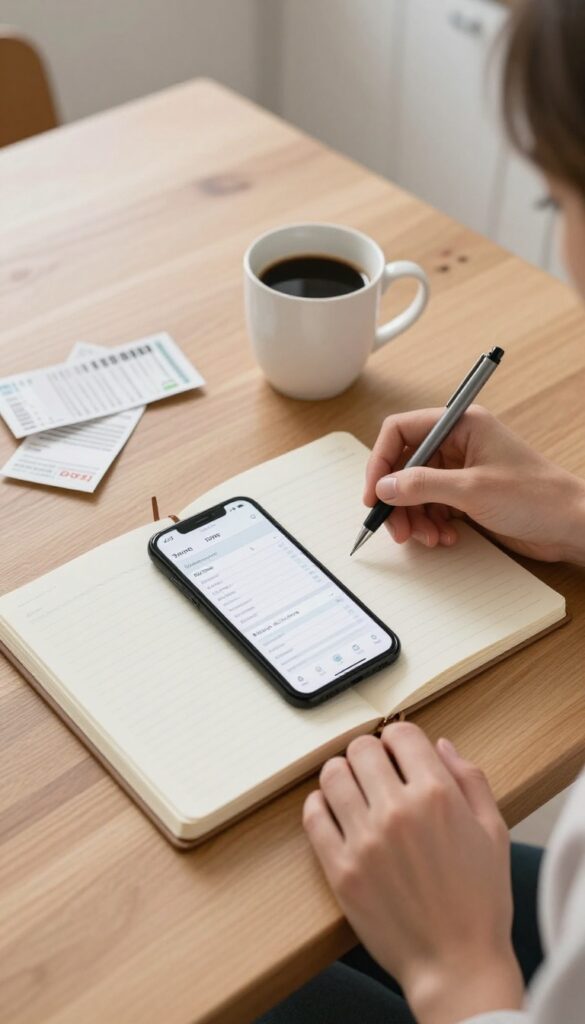 Mom tracking spending with notebook and phone on kitchen table