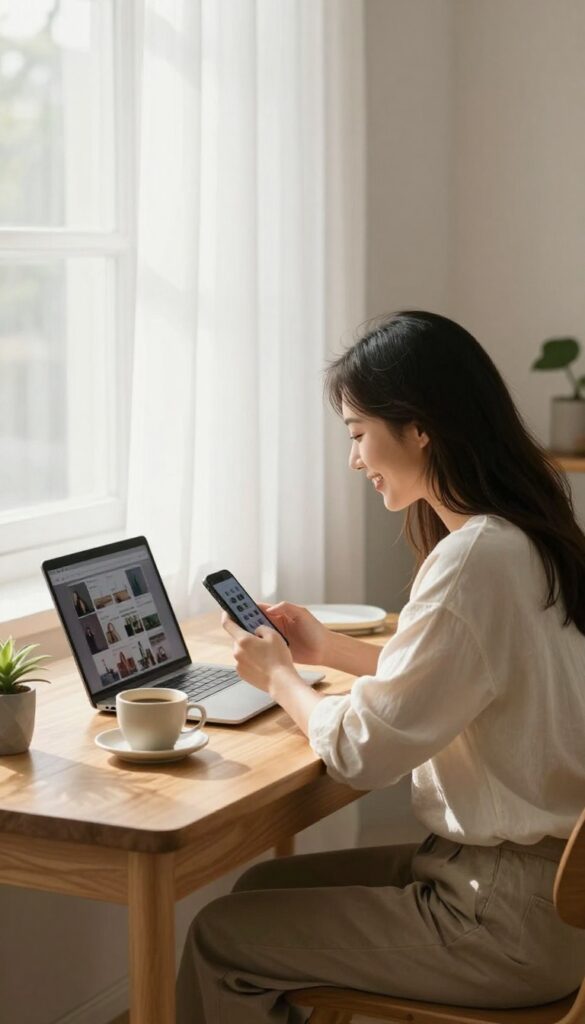 Woman managing social media from her home office with laptop and smartphone