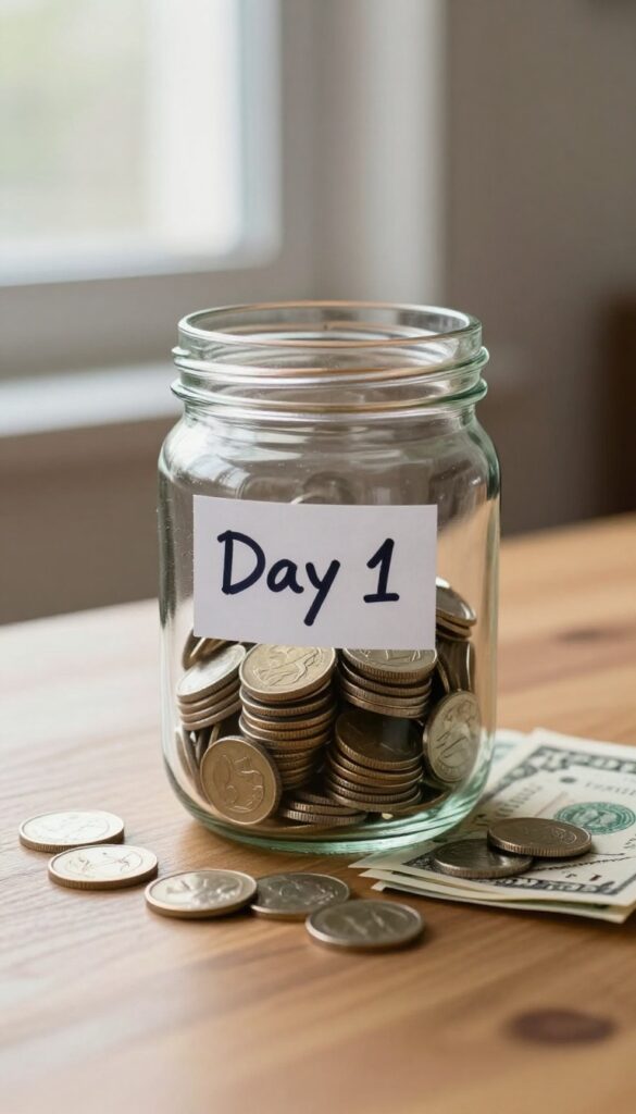 Glass jar with coins and bills on wooden table, small 'Day 1' sign, natural light, savings challenge concept.