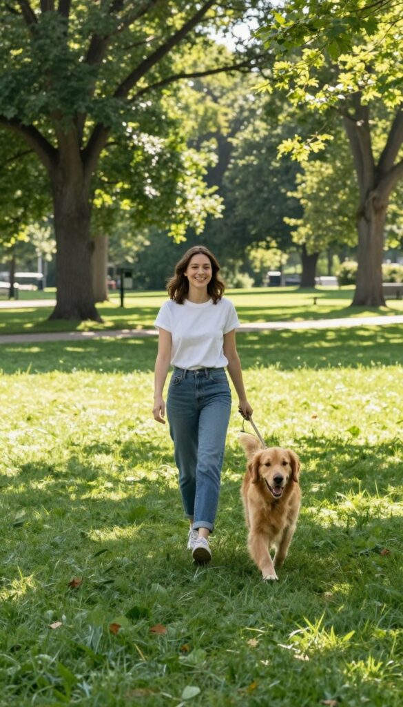 Woman walking a golden retriever on a sunny park path, pet sitting side hustle