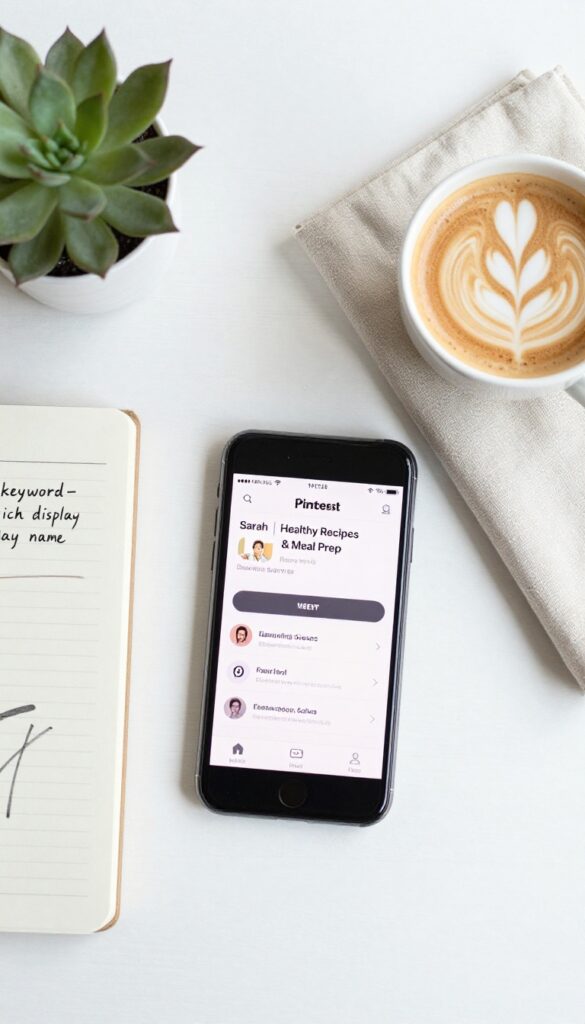Flat lay of a smartphone showing Pinterest profile editing, notebook with keyword ideas, coffee, and succulent on a white desk.