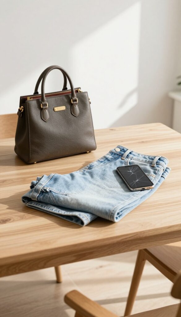 Items for sale including a handbag, jeans, and a smartphone on a table