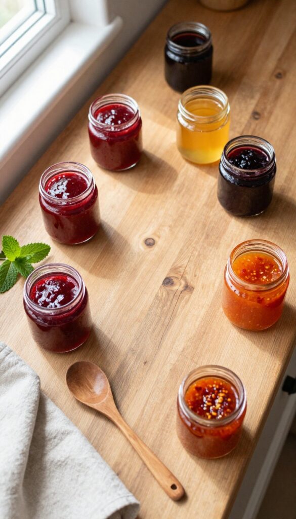 Overhead view of homemade gourmet foods in glass jars on a rustic wooden counter with natural light