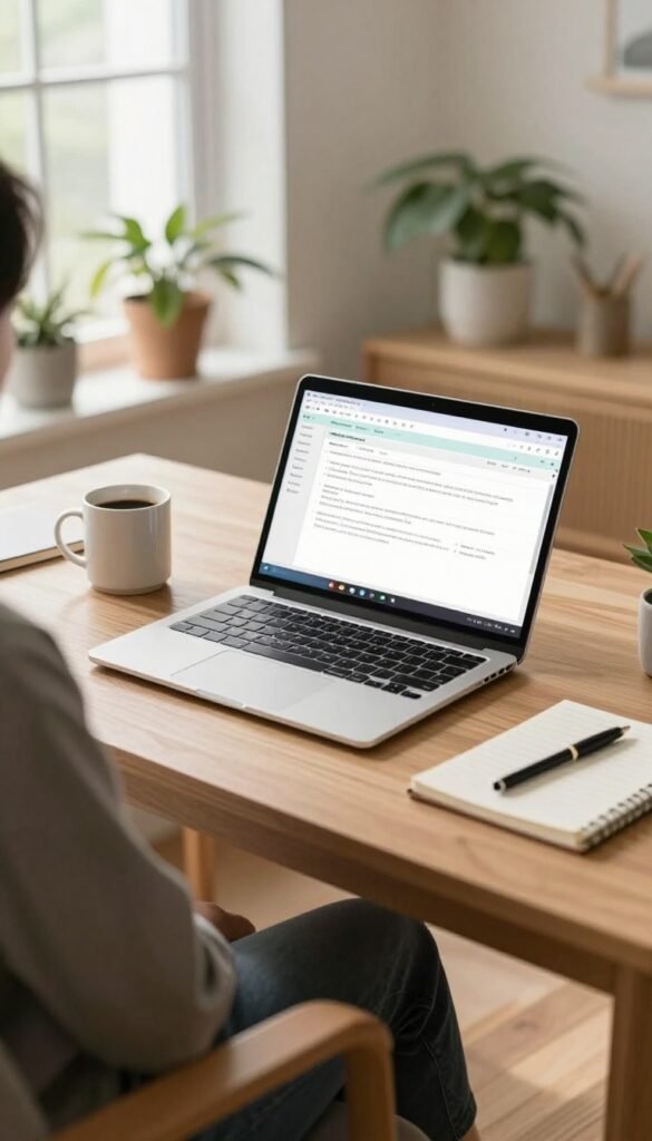 Person working on data entry tasks on a laptop in a bright home office