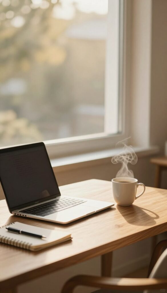 A cozy home office setup with a laptop, coffee, and notebook, representing freelance writing as a side hustle.