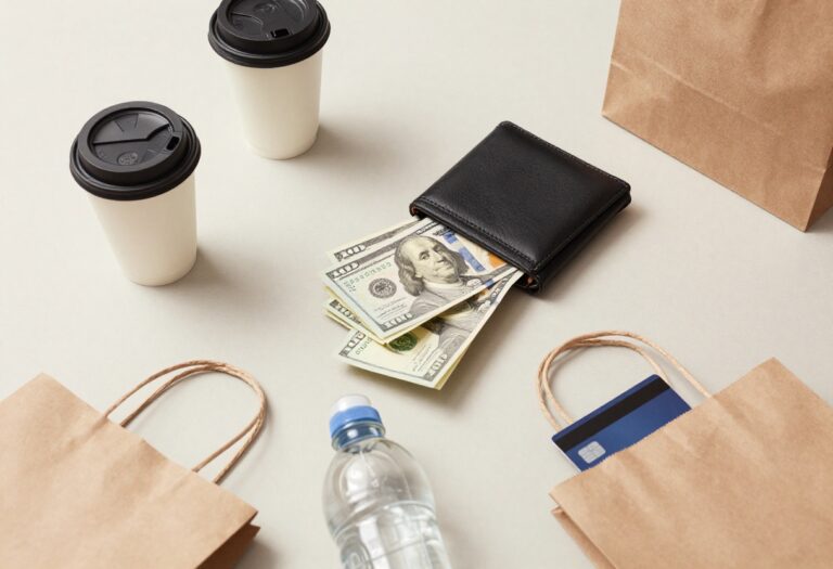 Flat lay of a wallet with cash and items representing wasteful spending
