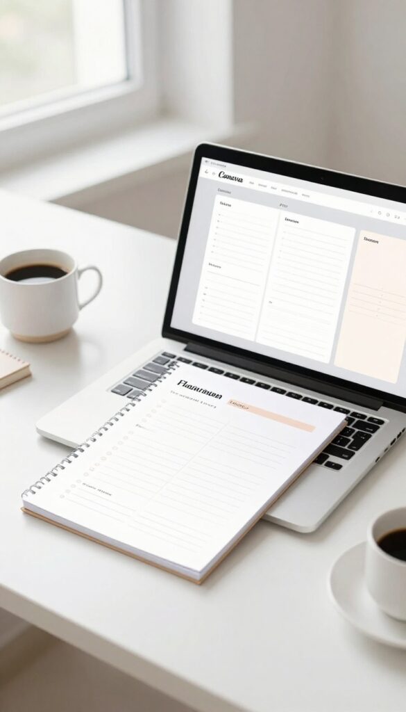 Desk with laptop displaying a printable planner design in Canva, printed planner, coffee, and stationery in natural light.