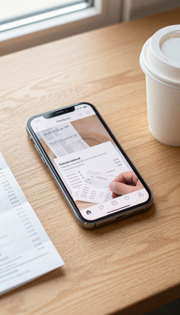 Smartphone showing a photo of a receipt on a wooden table with scattered receipts and a coffee cup