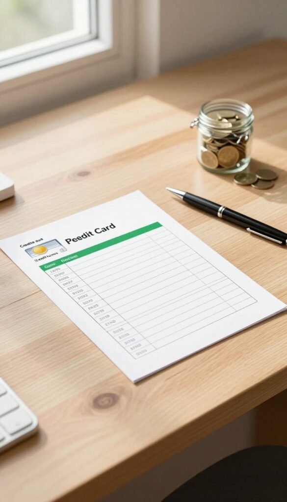 A credit card on a desk with a payoff tracker chart and a jar of coins