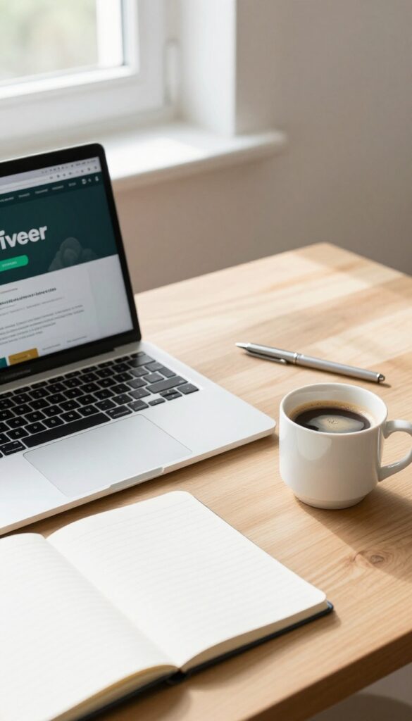 A laptop on a desk showing a freelancing platform profile, with coffee and notebook, in bright natural light.