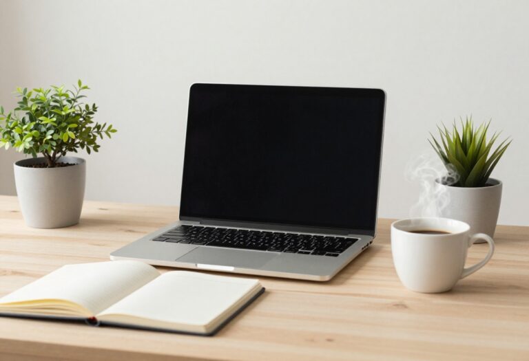 A cozy workspace with a laptop, coffee, notebook, and plant, representing slow and steady side hustle income.