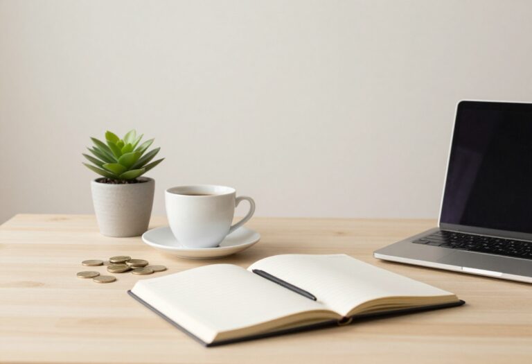 A bright, organized desk with a laptop, coffee, and notebook, representing online side hustle opportunities.