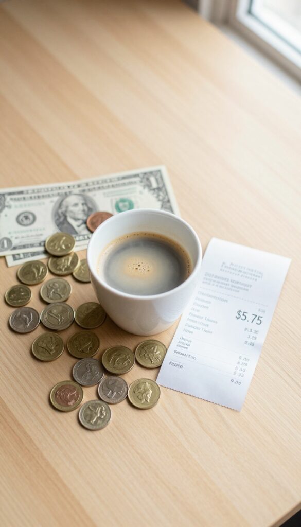 Flat lay of a coffee cup and receipt with scattered coins, representing a single budget category focus.