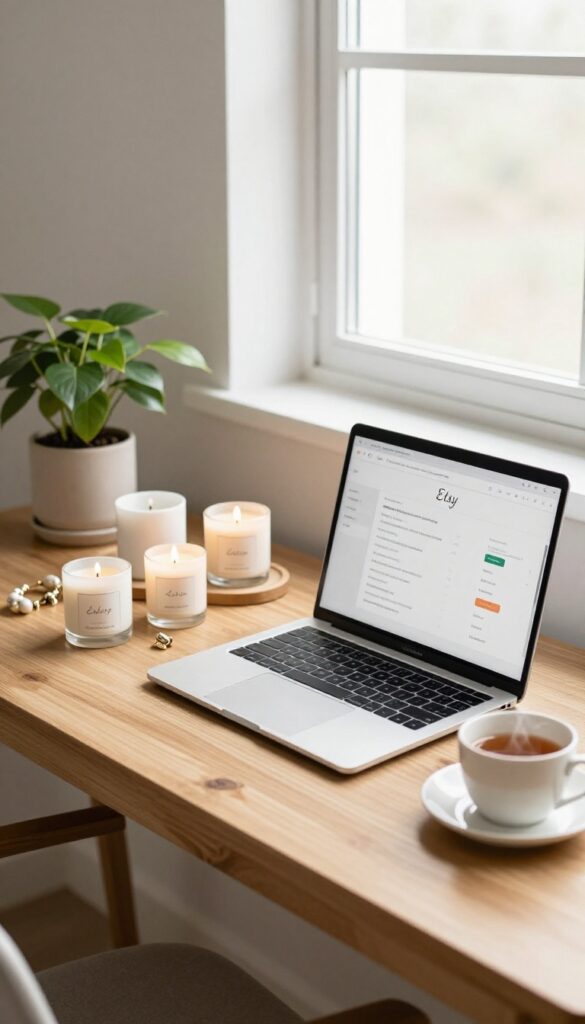 Cozy home office with Etsy shop setup, handmade candles and jewelry on display