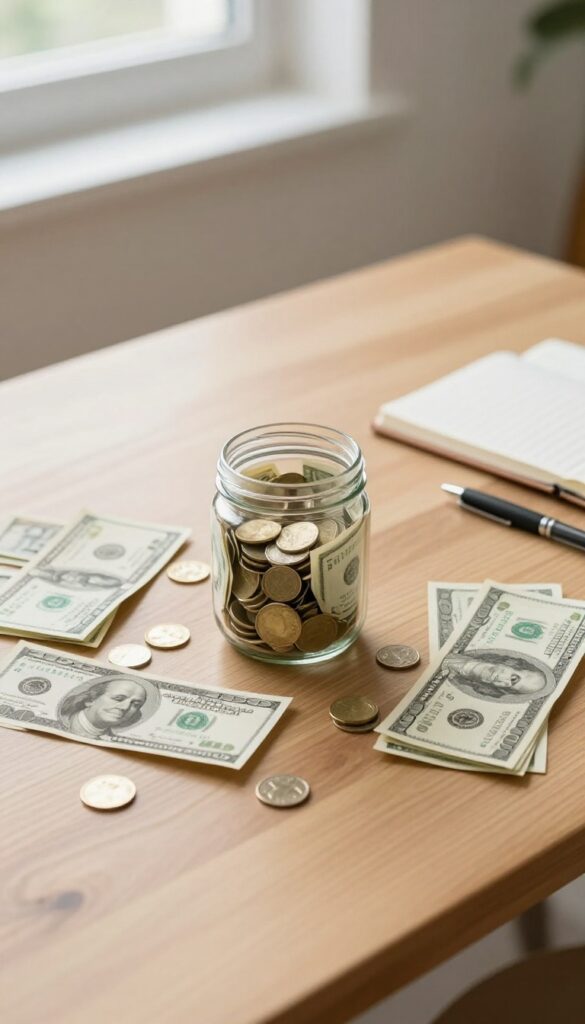 Cash-only challenge setup with jar of money and notebook on wooden table