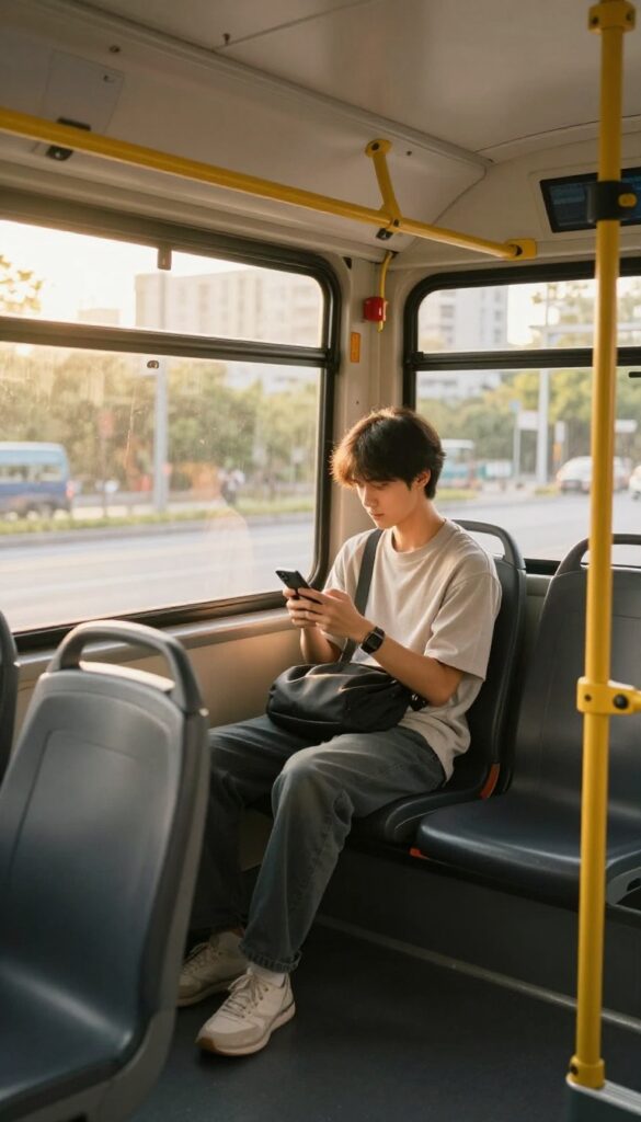 Person using public transportation, sitting by window on a bus during golden hour