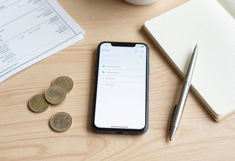 Flat lay of smartphone with budgeting app, notebook, pen, receipts, and coins on wooden table