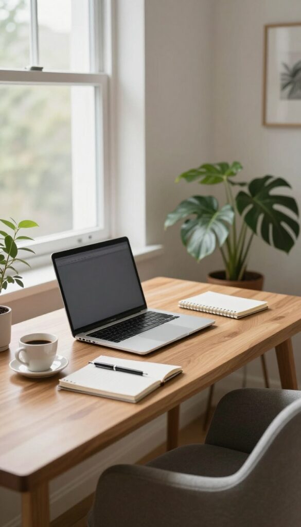 Freelance career advice workspace with laptop, notebook, coffee, and plants in natural light