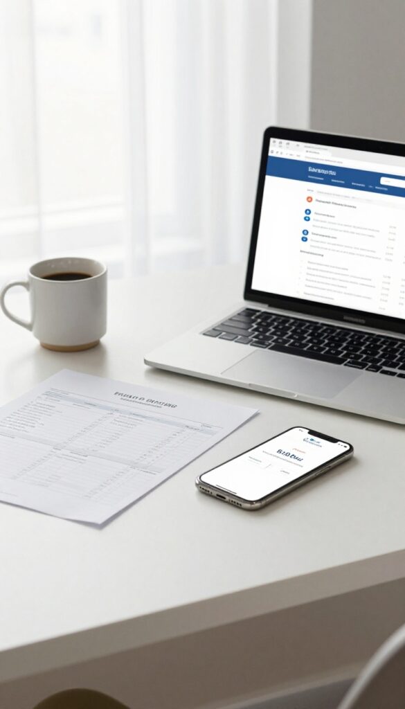 Person auditing subscriptions on laptop and phone at a tidy desk