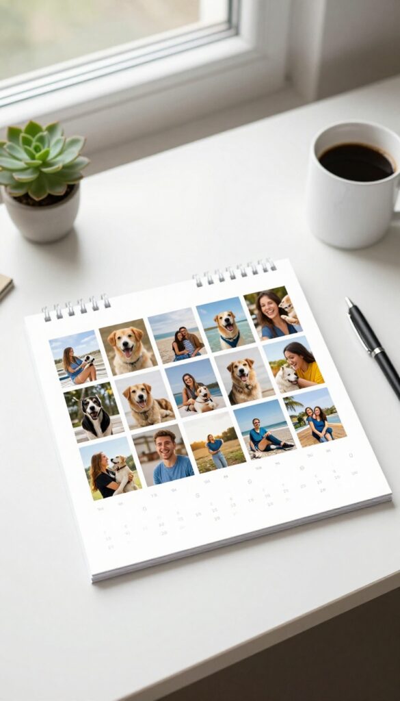Customized calendar with personal photos on a desk, surrounded by coffee and plant
