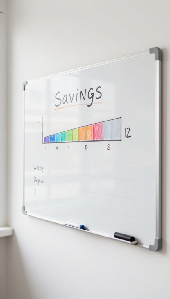 Whiteboard savings tracker with progress bar, goal amount, and weekly deposit table in a bright home office