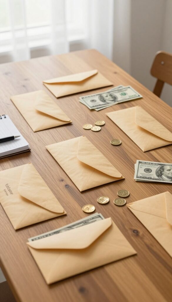 Cash envelopes on a wooden table with dollar bills and coins, representing the cash envelope budgeting system.