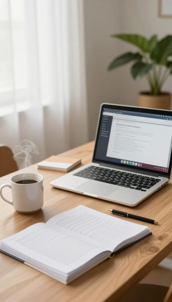 Cozy home office with laptop, coffee, and a stack of printed ebook pages on a wooden desk, bright natural light.