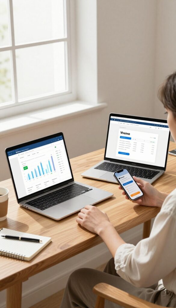 Person comparing prices on laptops and phone with price comparison tools and coupons