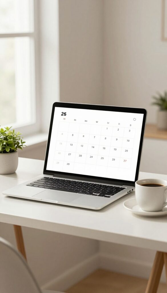 A well-organized desk with a calendar, laptop, coffee, and plant in natural light.